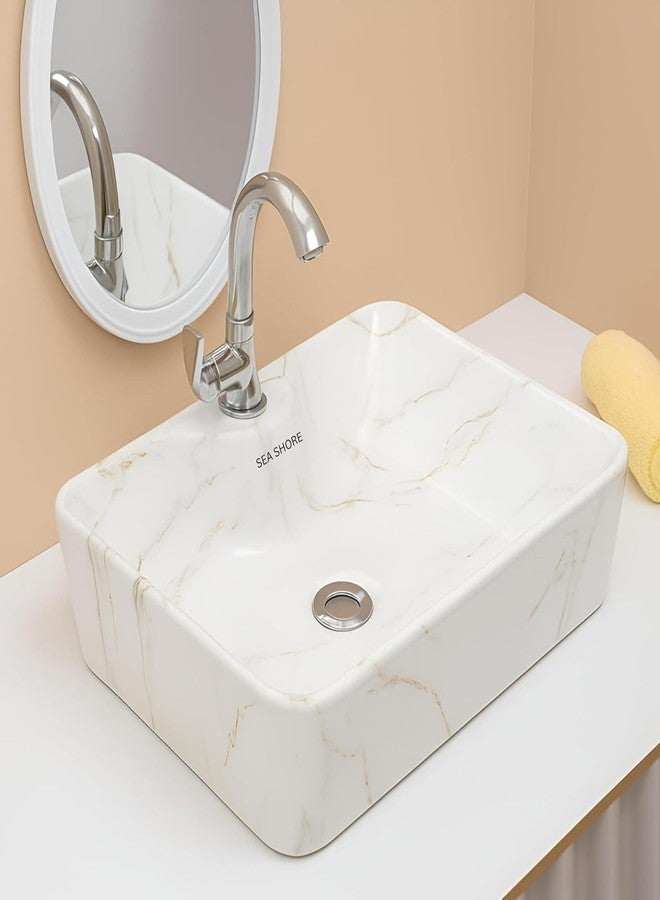 SEA SHORE حوض حمام سيراميك فاخر من سي شور - حوض غسيل مستورد بتصميم أنيق يوضع على سطح الطاولة، أبيض وأسود (20 × 15 × 5.5 بوصة) - Image 1